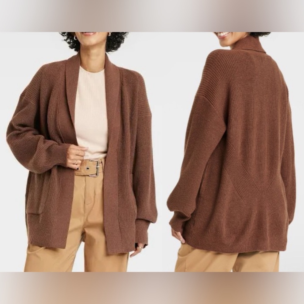 A New Day Open Front Layering Cardigan w/ Pockets - brown, L